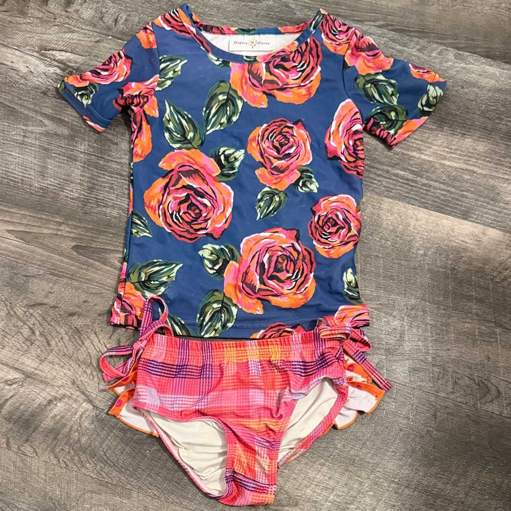 Oopsie Daisy Girls' Navy Floral Rash Guard Swim Set - Pink & Orange